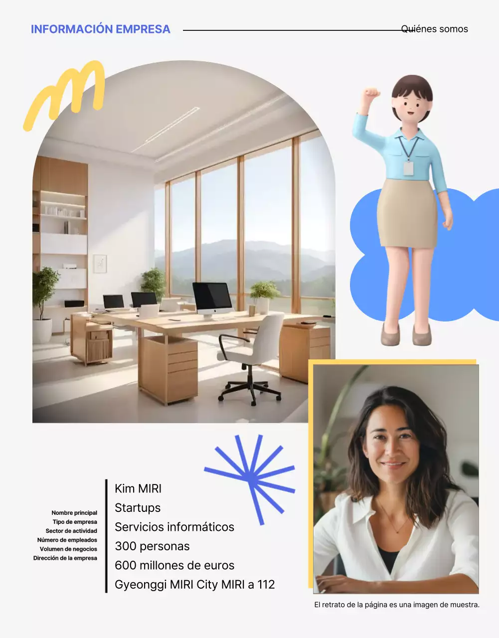 Una carta de presentación limpia, azul y amarilla, para la oferta de empleo de la empresa