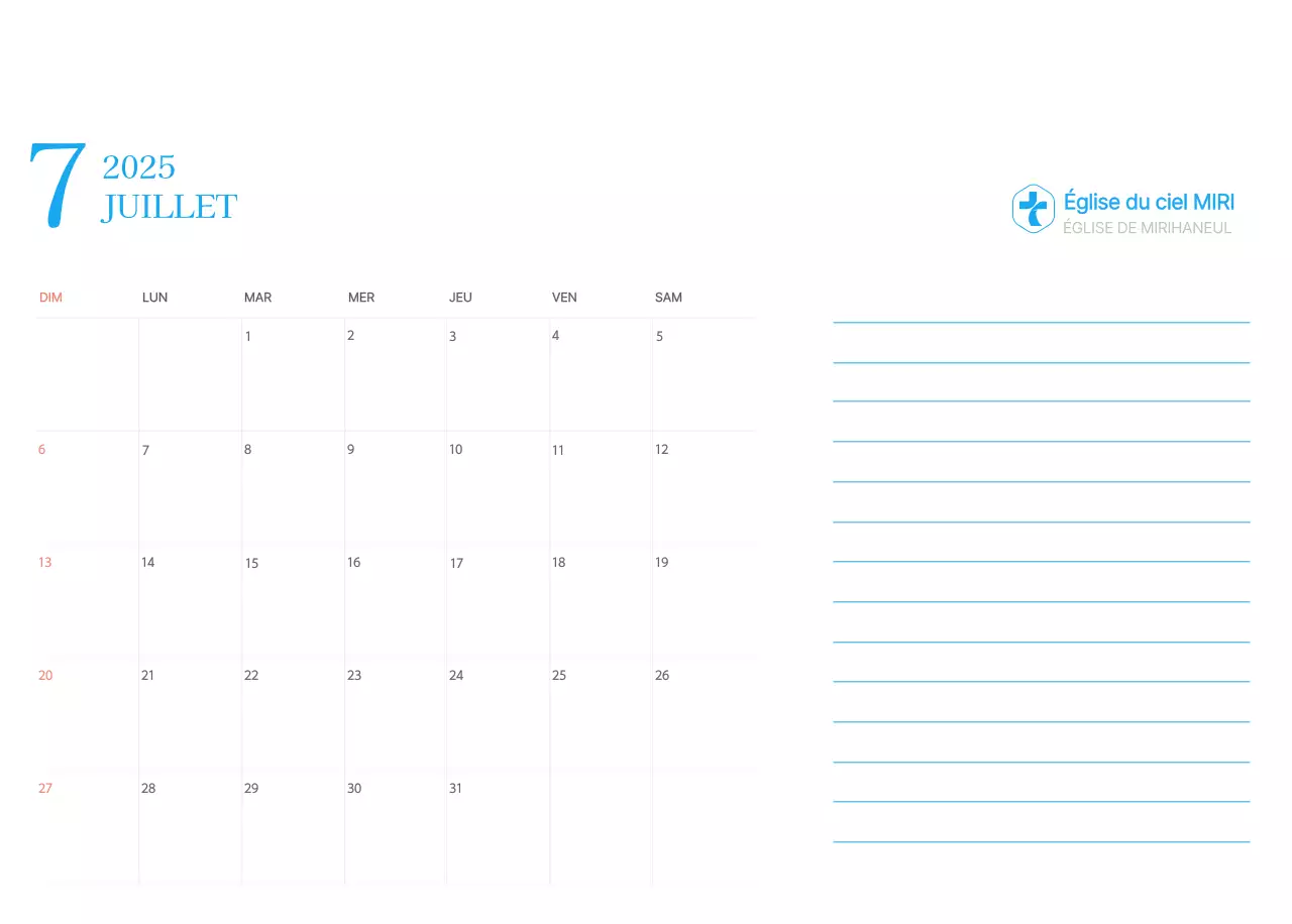 Calendrier d'église moderne bleu