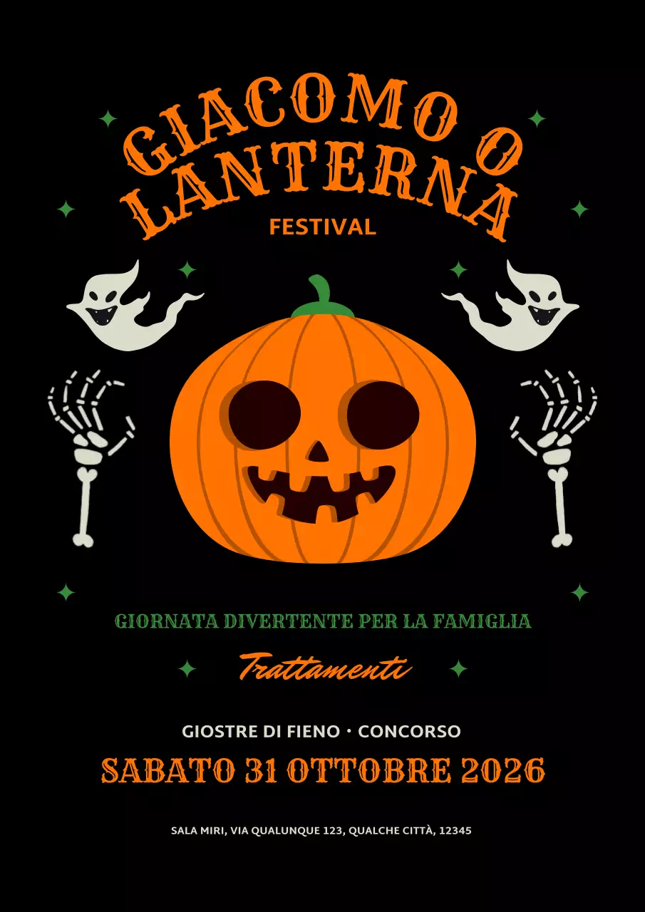Annuncio nero e arancione per un simpatico evento di intaglio di zucche di Halloween