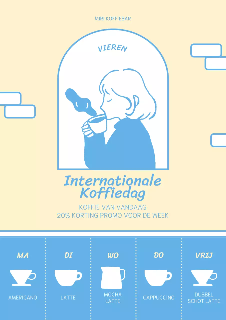 Geel en lichtblauw, met kortingen op het menu van de dag