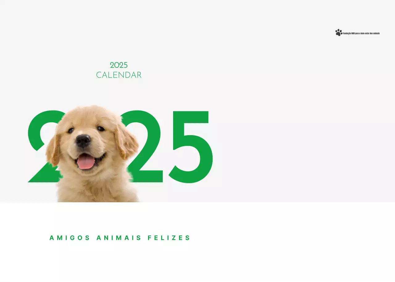 Um calendário com uma fotografia de um cachorrinho e uma mensagem bonita em verde