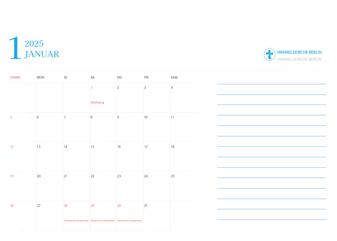 Blaues modernes Konzept Kirchenkalender