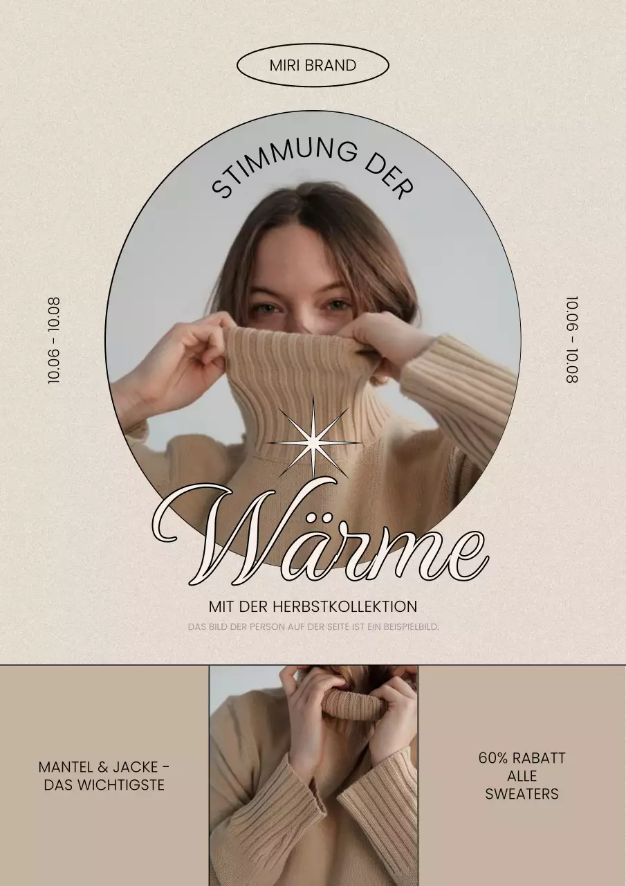 Werbung für eine schlichte, herbstliche Bekleidungsmarke in Beige und Schwarz