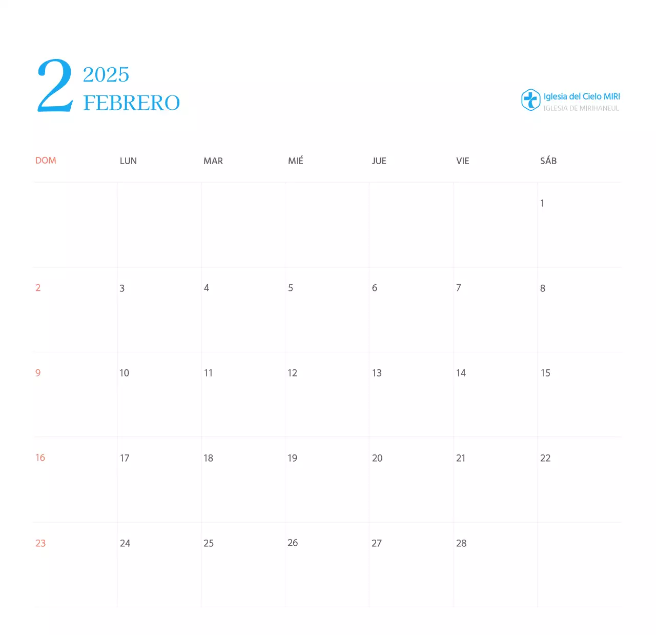 Calendario eclesiástico azul de concepto moderno