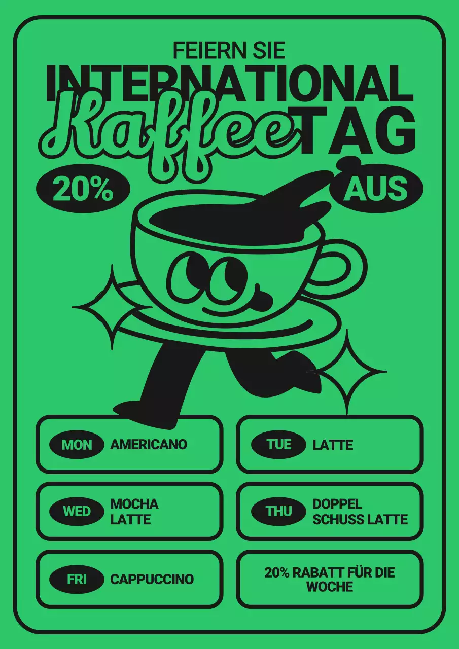 Retro-Kaffee des Tages Deal Anzeige in grün und schwarz