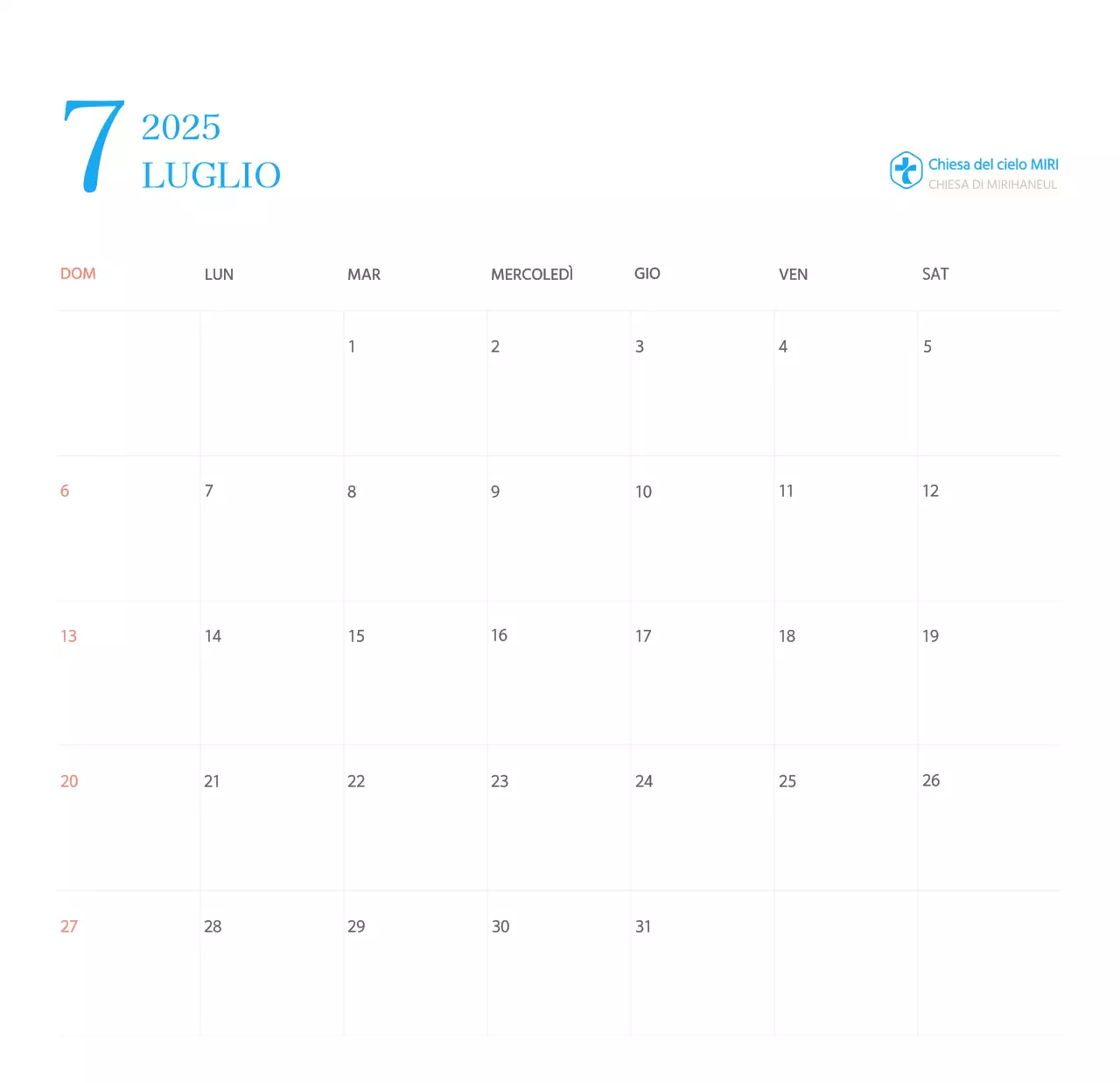 Calendario ecclesiastico blu di concezione moderna