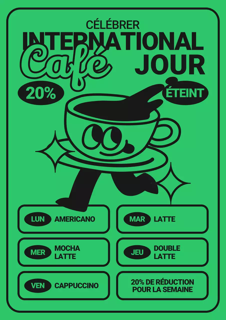 Publicité rétro pour le café du jour en vert et noir
