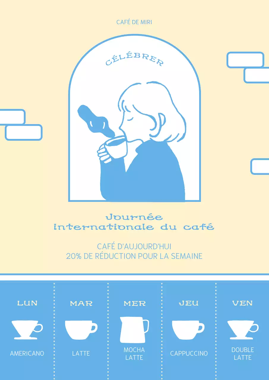 Jaune et bleu clair, avec des réductions sur le menu du jour