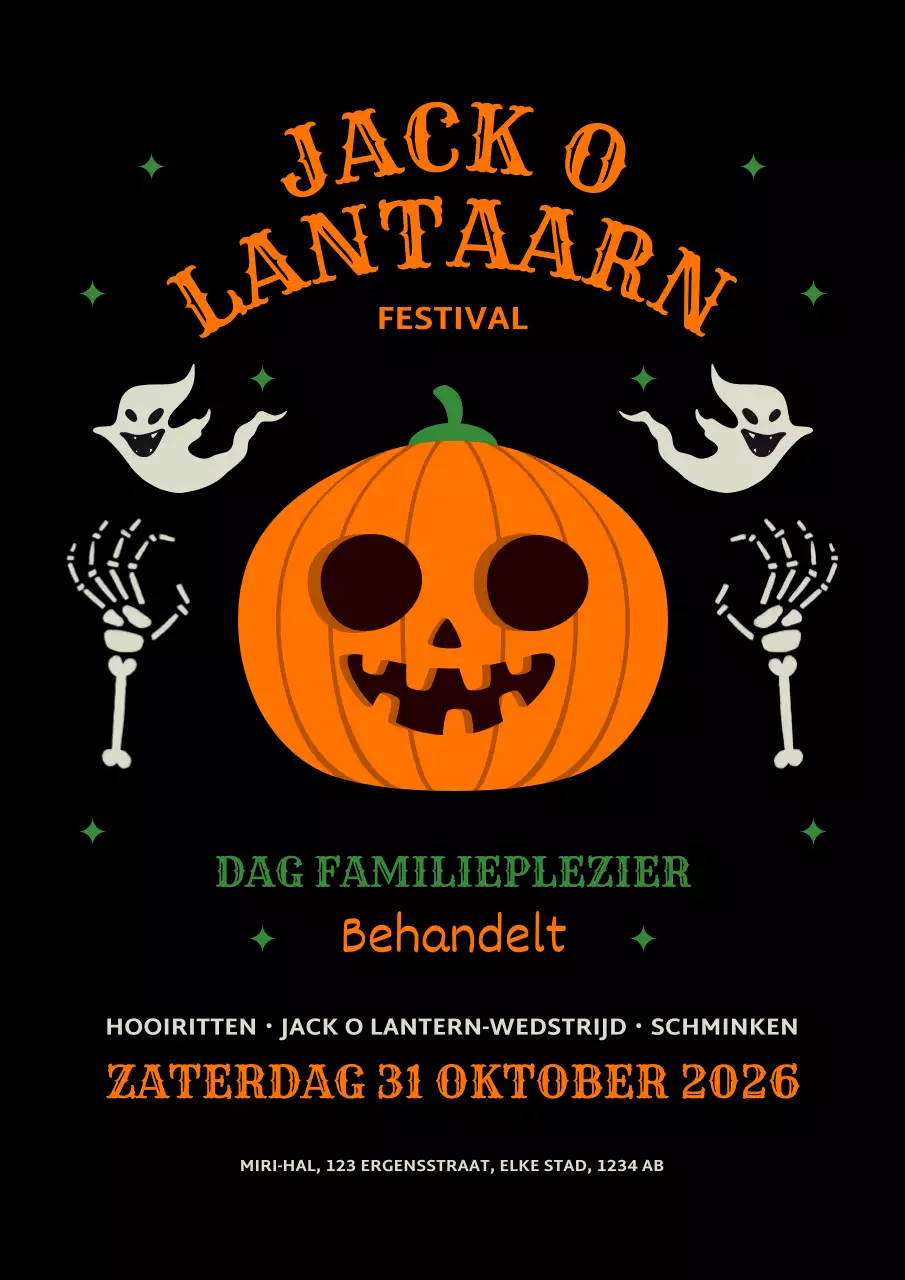 Zwart-oranje advertentie voor een leuk Halloween pompoensnij-evenement