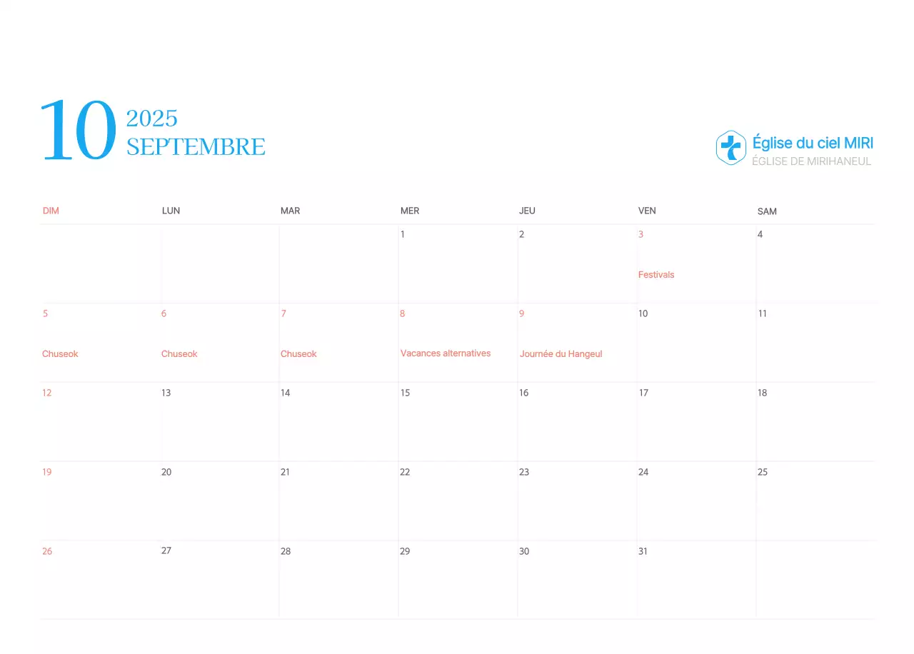 Calendrier d'église moderne bleu