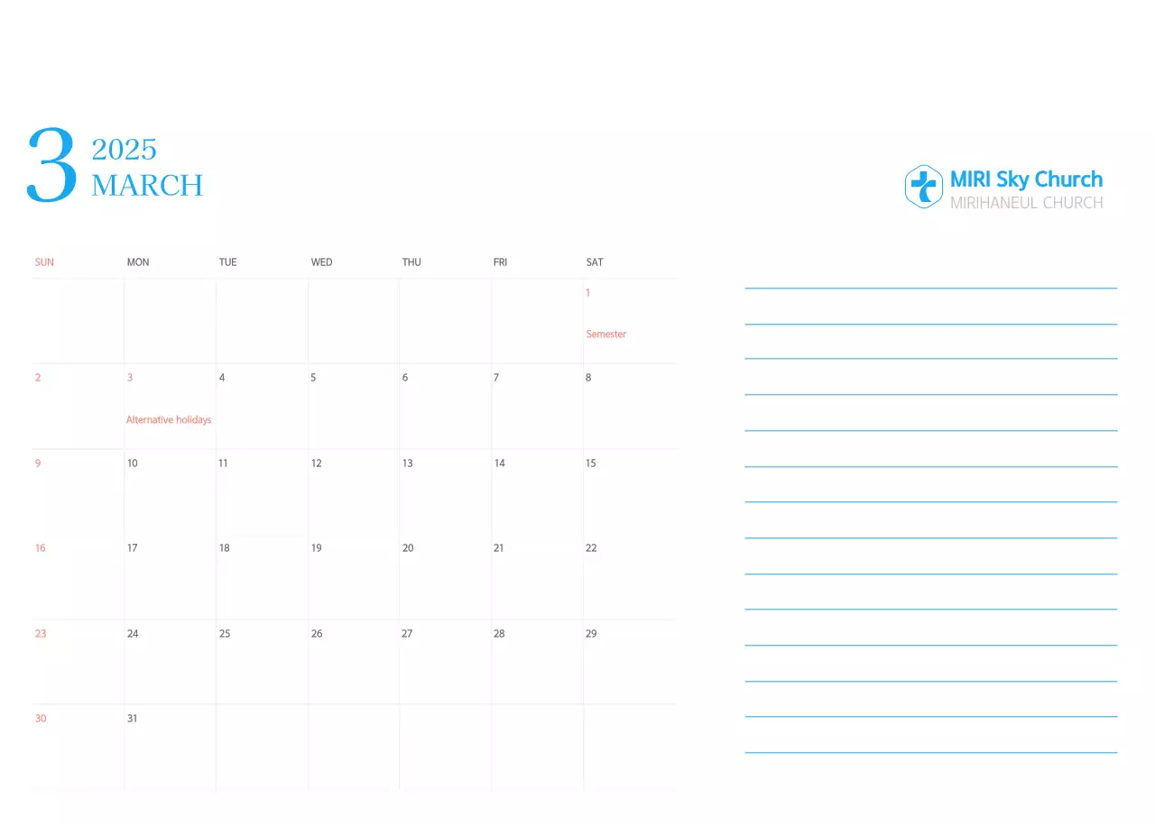 Blue modern concept church calendar