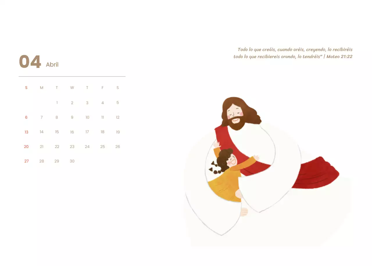 Un calendario devocional con acogedoras ilustraciones y versículos bíblicos sobre fondo azul claro