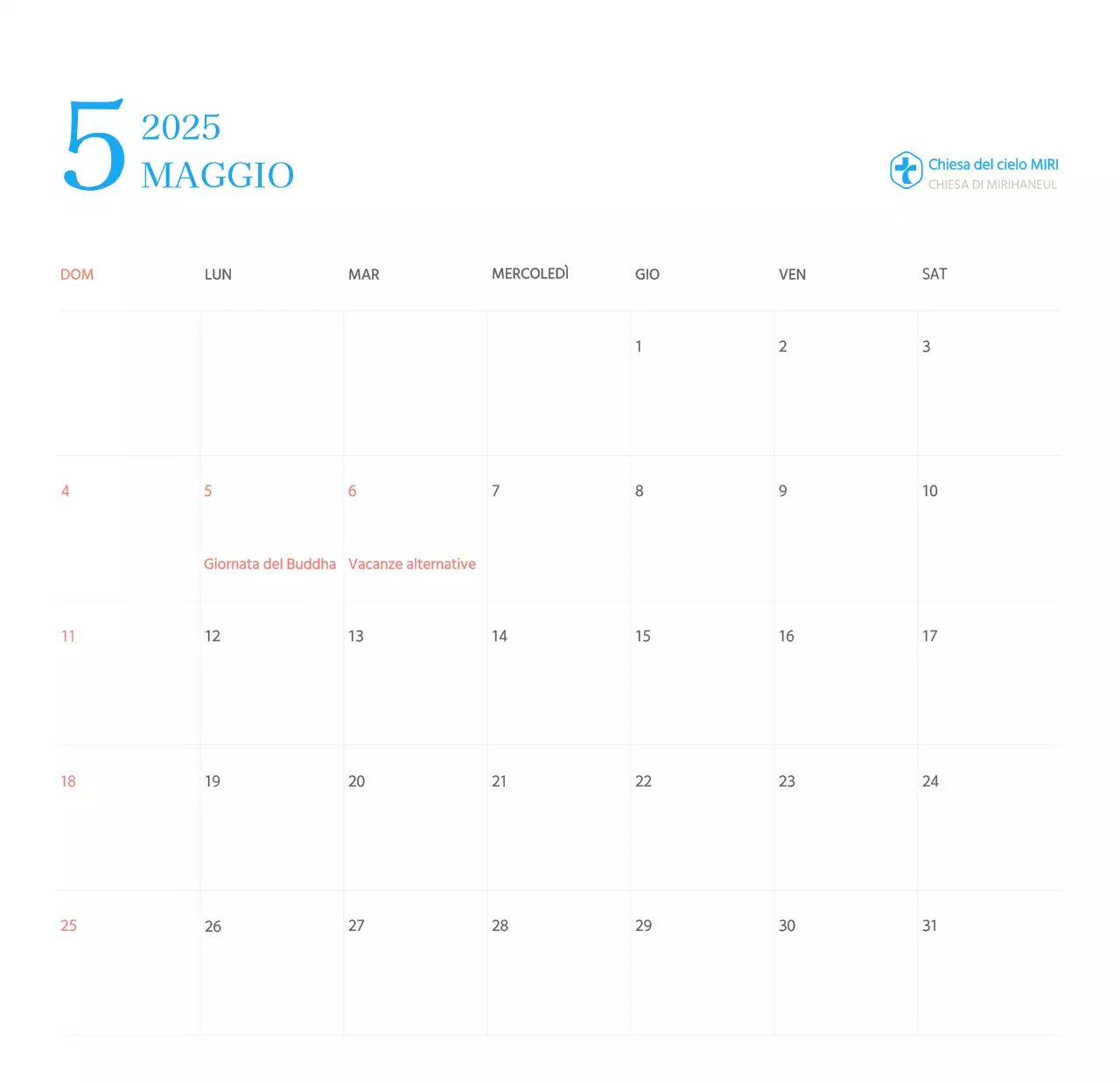 Calendario ecclesiastico blu di concezione moderna