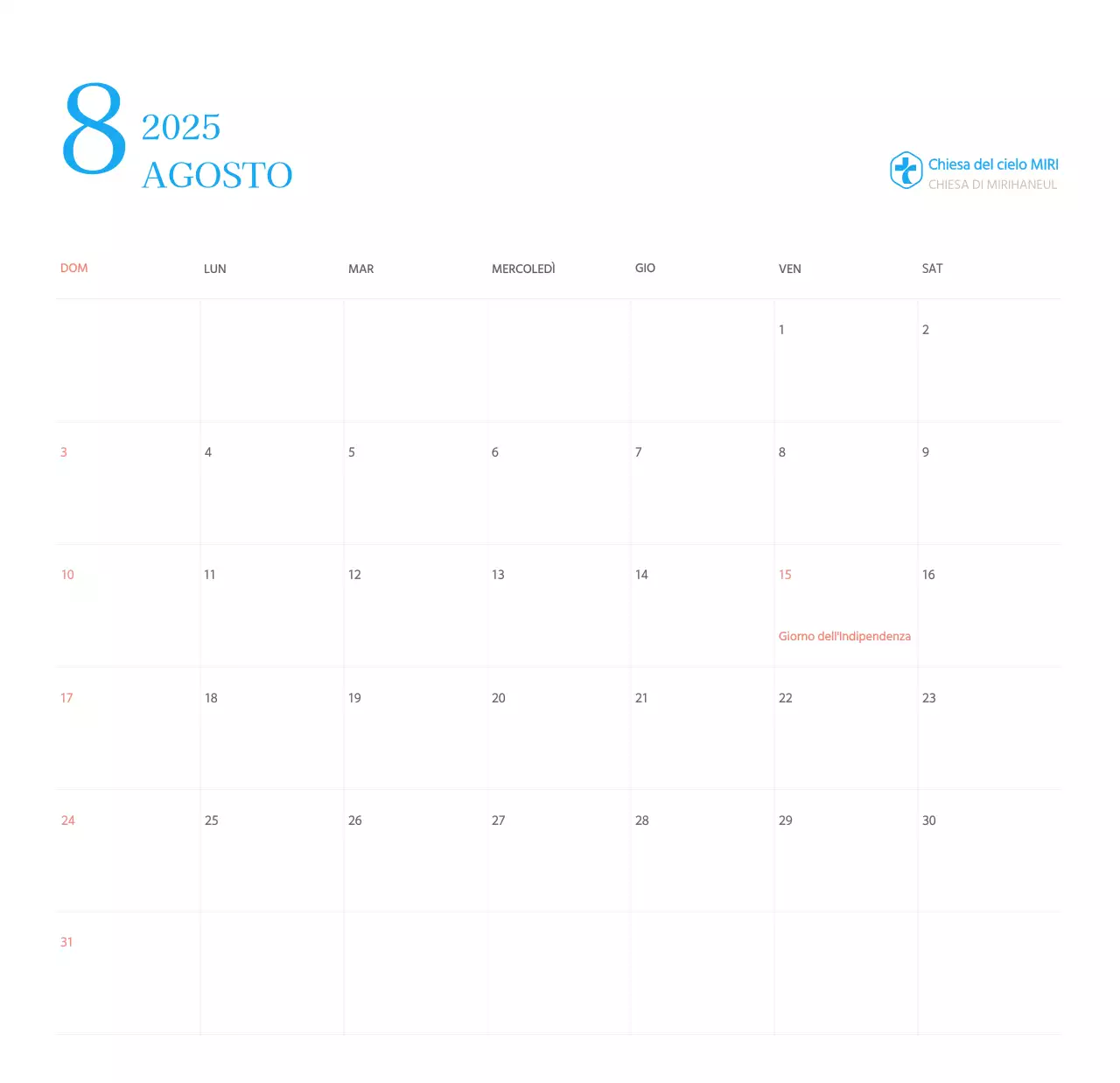 Calendario ecclesiastico blu di concezione moderna