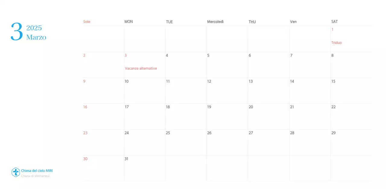 Calendario ecclesiastico blu di concezione moderna