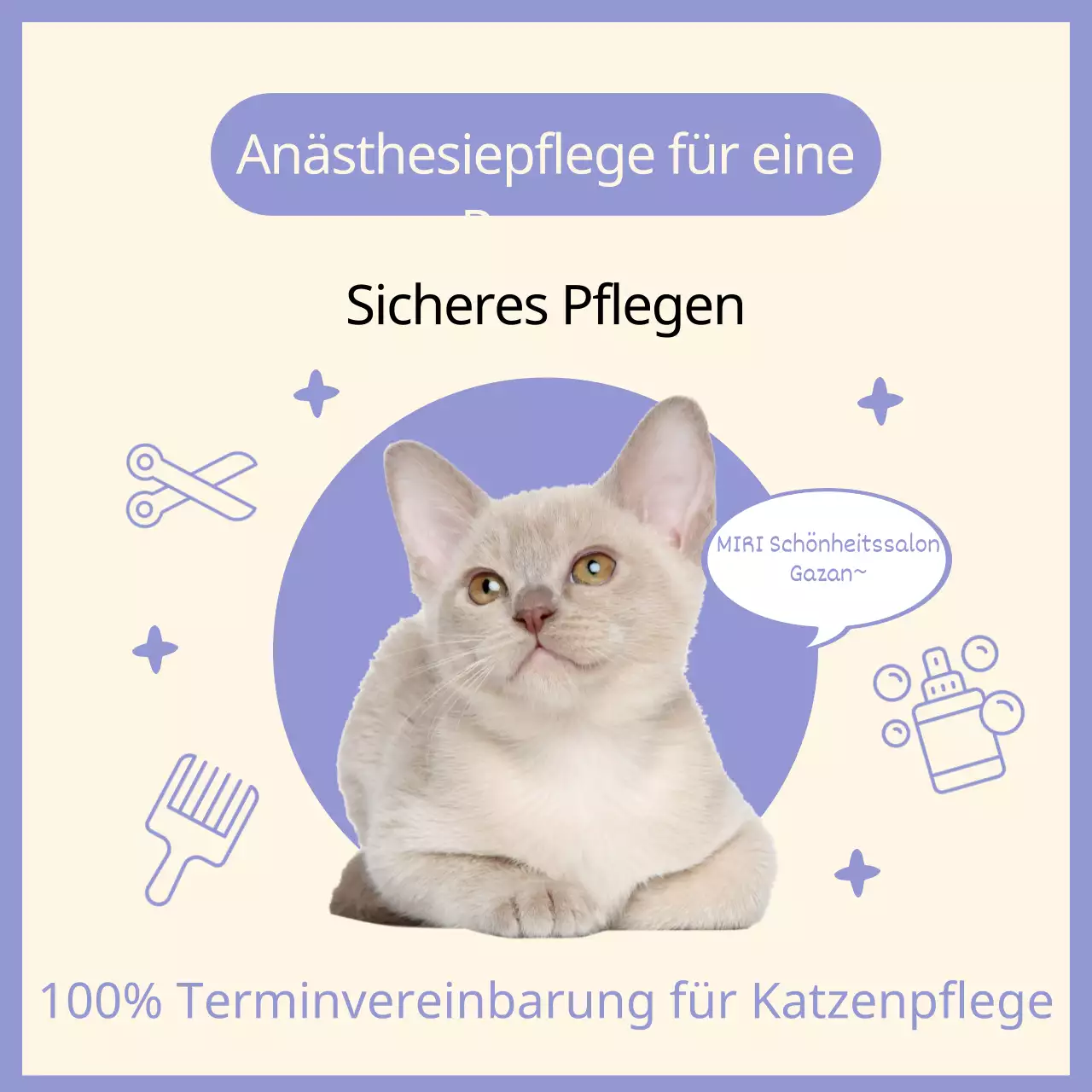 Einfache, betäubungslose Anzeige für einen Katzenpflegesalon in Mauve und Elfenbeinfarben