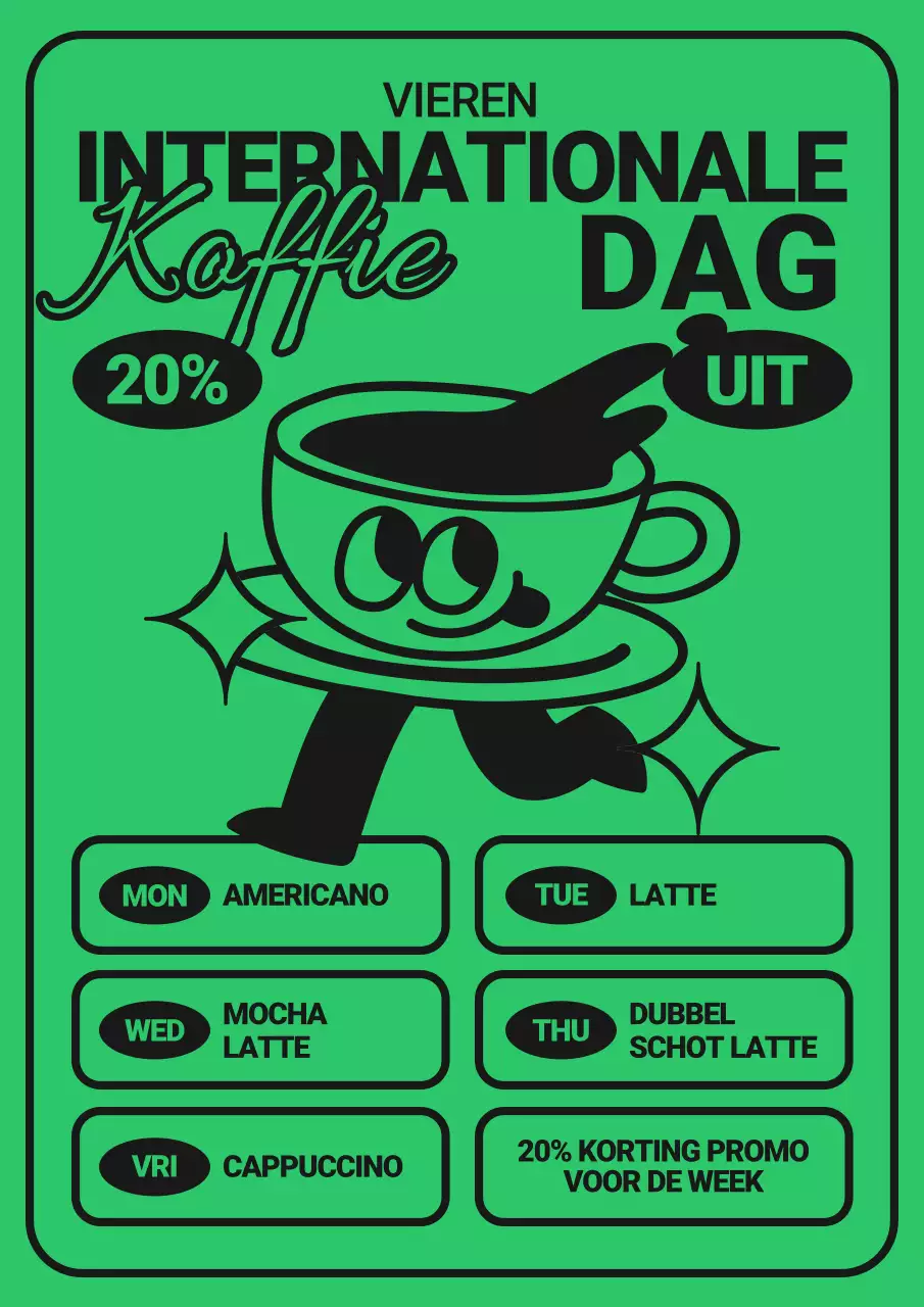Retro koffie van de dag deal advertentie in groen en zwart