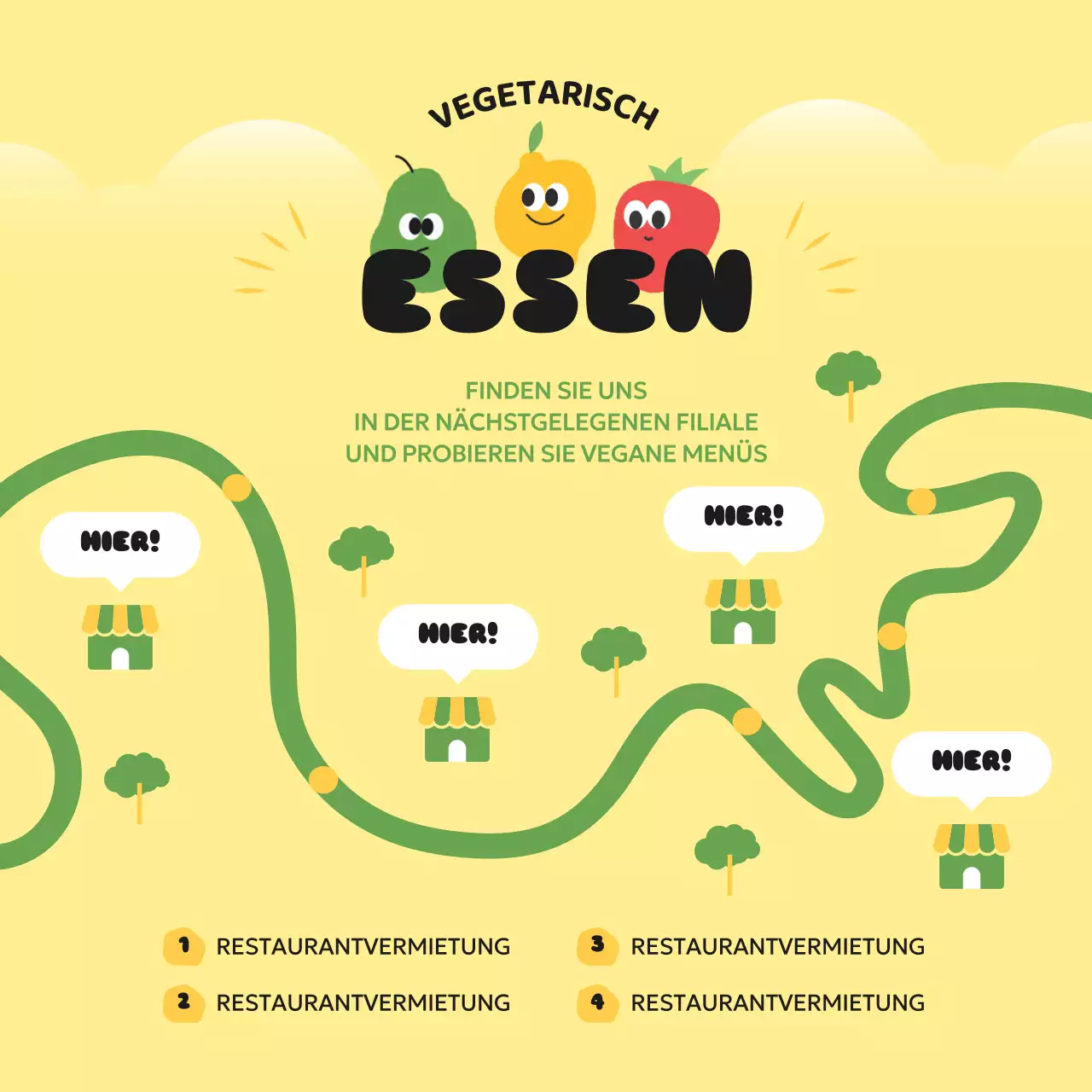 Informationen über dieses hübsche gelb-grüne vegetarische Restaurant