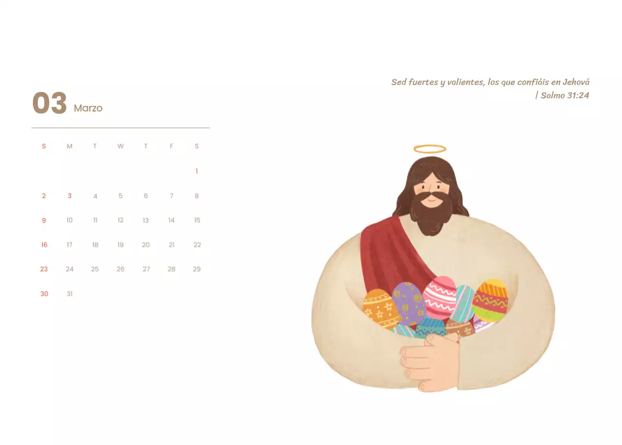 Un calendario devocional con acogedoras ilustraciones y versículos bíblicos sobre fondo azul claro