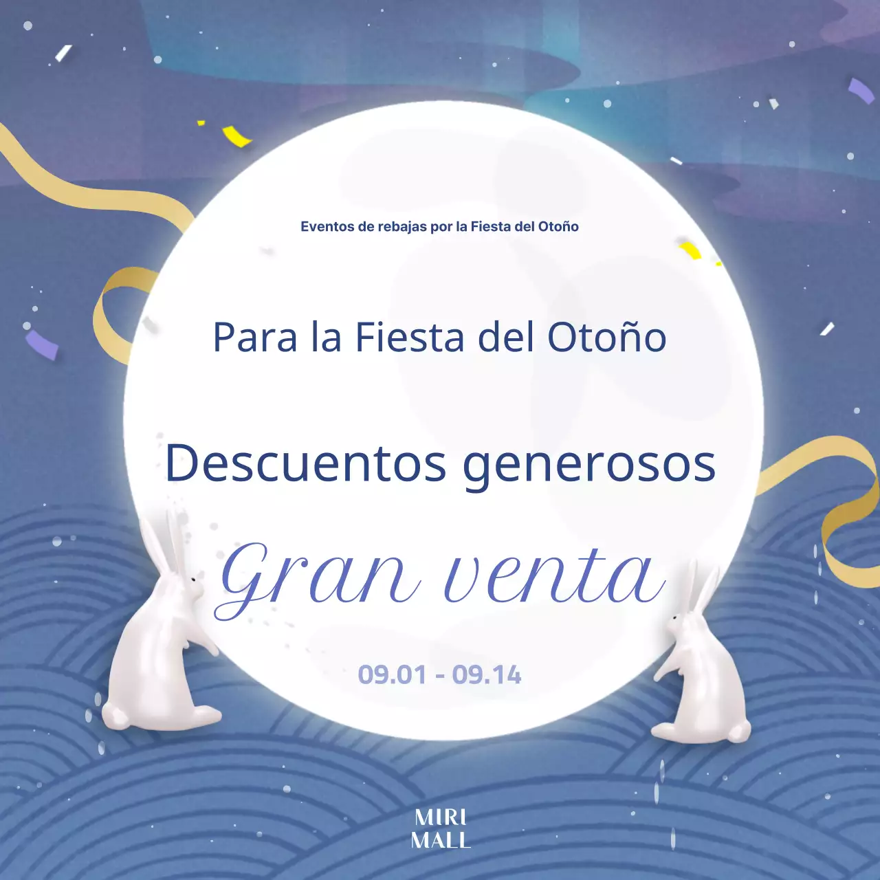 Un anuncio de venta oriental, azul y amarillo, del Festival del Medio Otoño