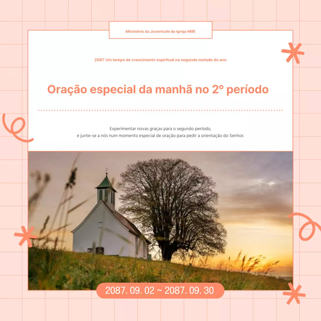 Um simples postal de evento religioso em cor-de-rosa e laranja