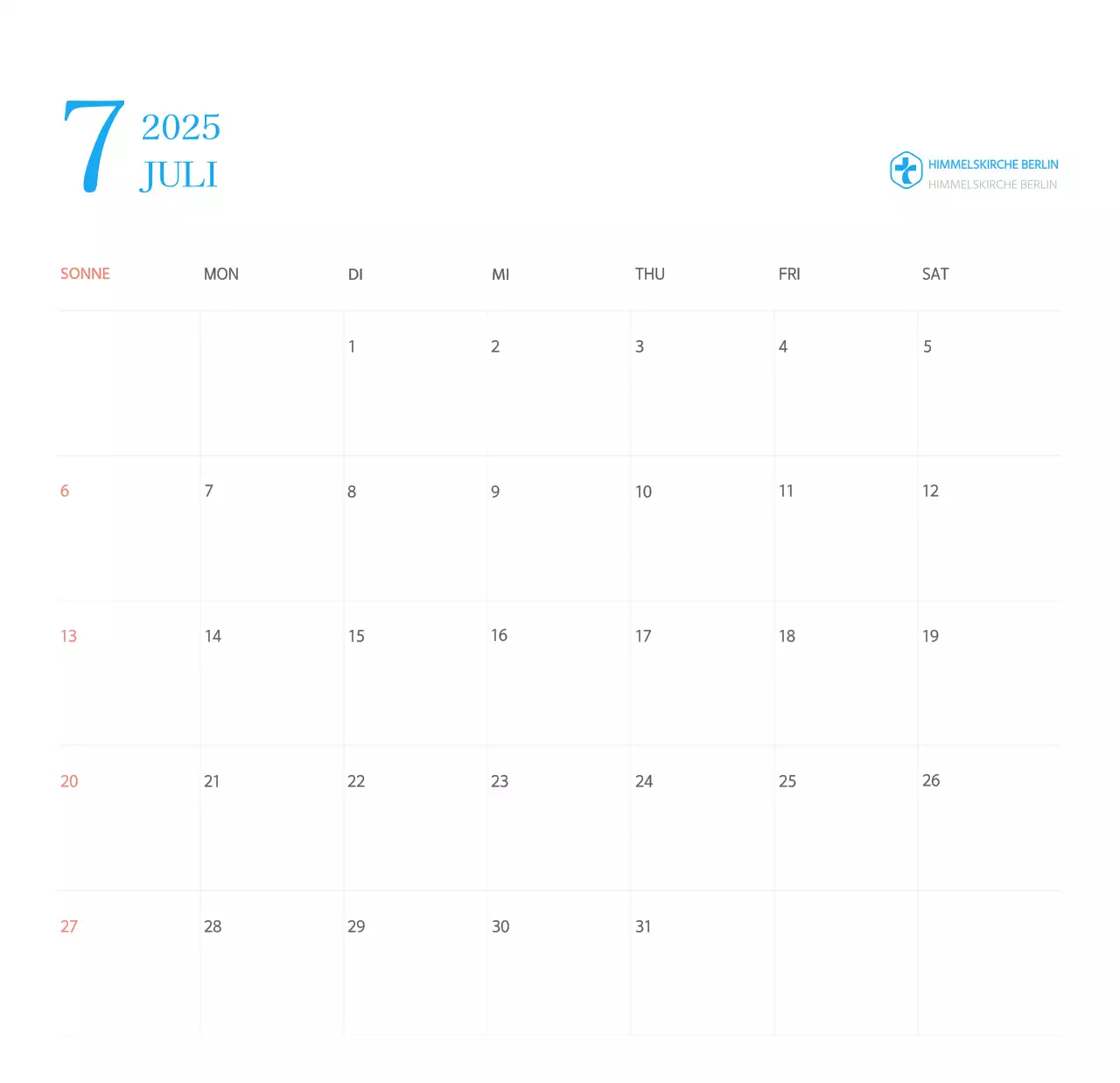 Blaues modernes Konzept Kirchenkalender