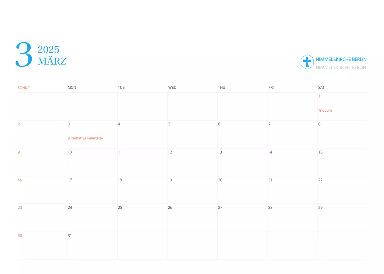 Blaues modernes Konzept Kirchenkalender