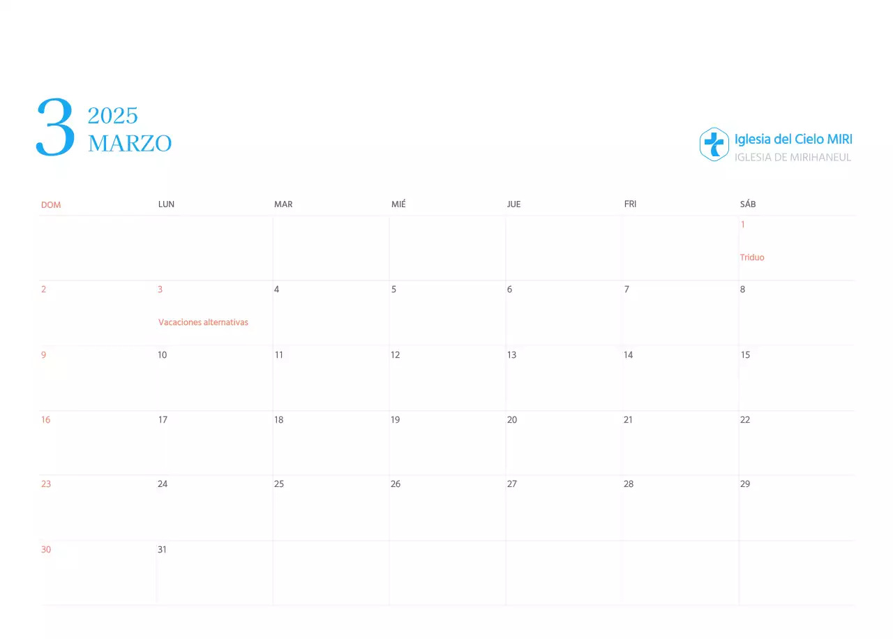 Calendario eclesiástico azul de concepto moderno
