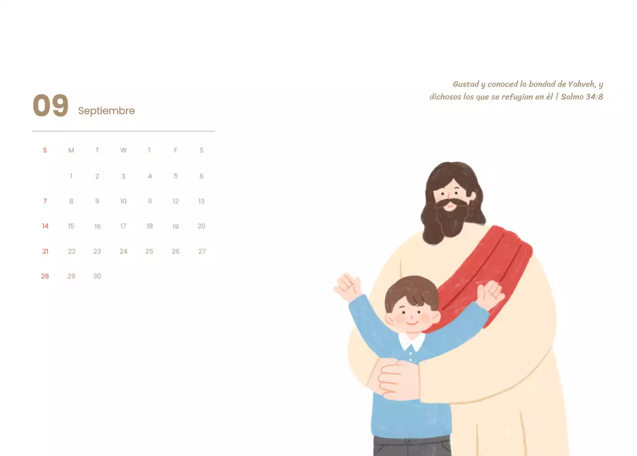 Un calendario devocional con acogedoras ilustraciones y versículos bíblicos sobre fondo azul claro