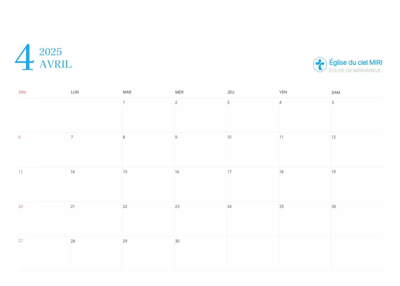 Calendrier d'église moderne bleu