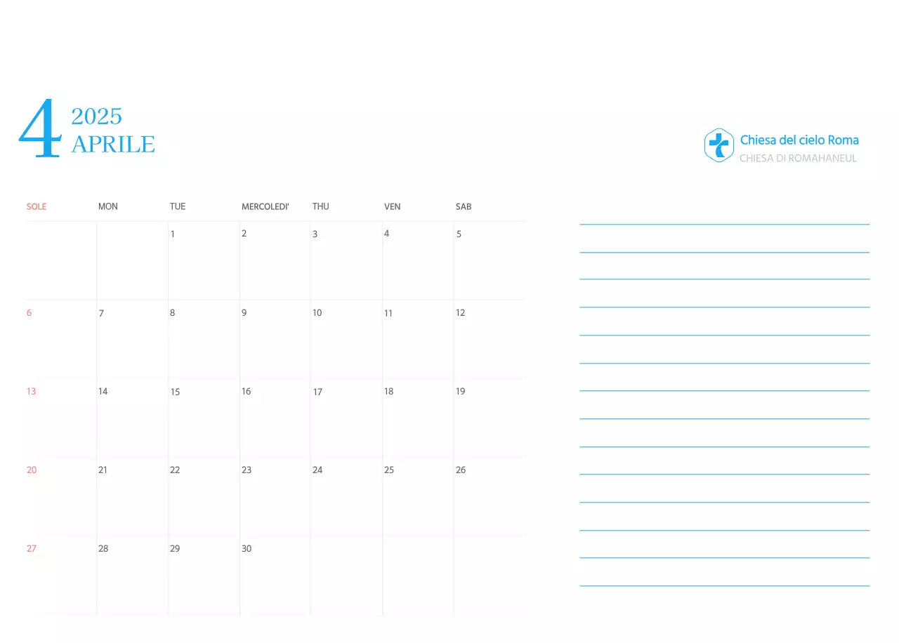 Calendario ecclesiastico blu di concezione moderna