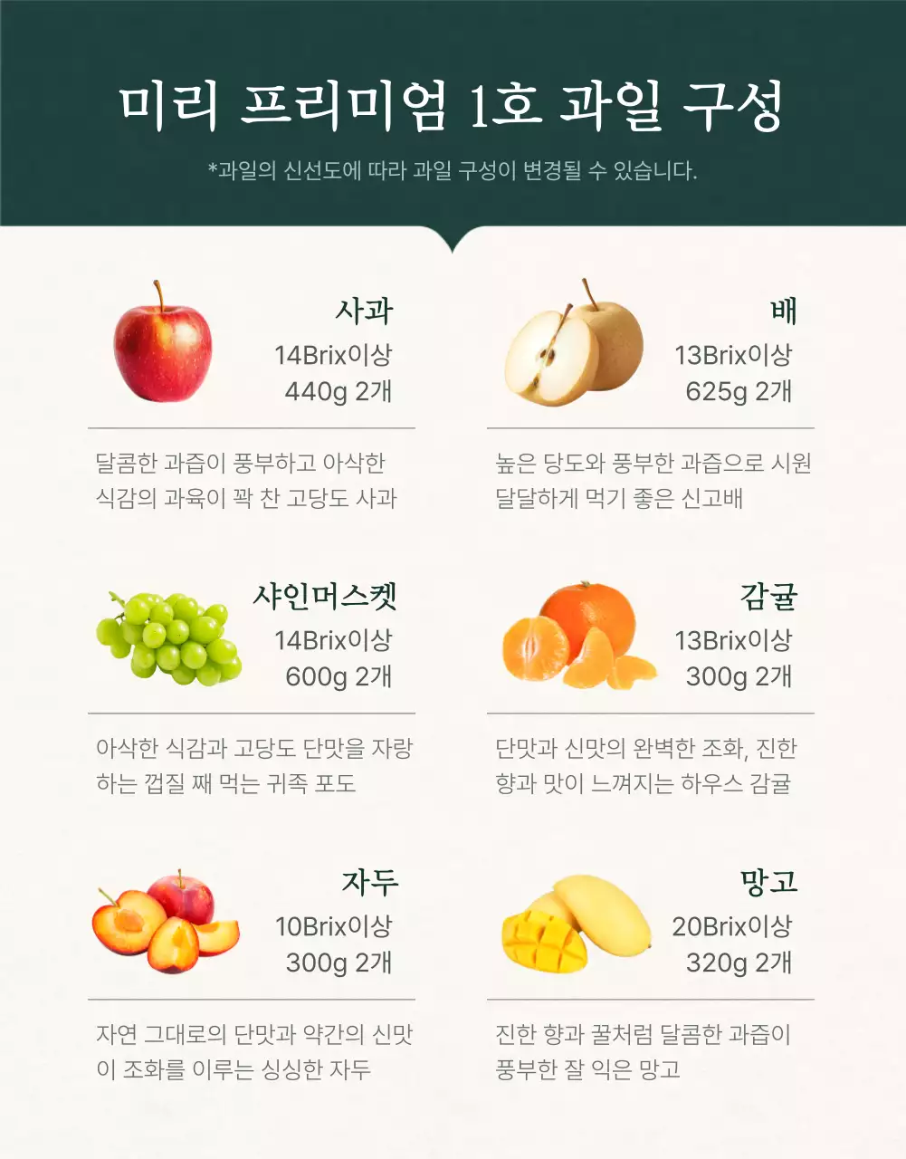 초록과 아이보리색의 전통적인 추석 과일 선물세트 옵션과 상품 디테일 홍보