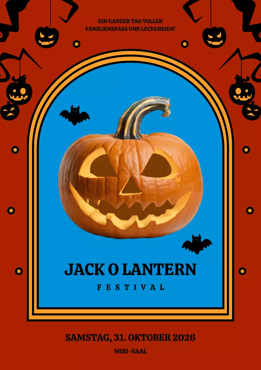 Ankündigung einer Retro-Halloween-Kürbisschnitzaktion in Rot und Blau