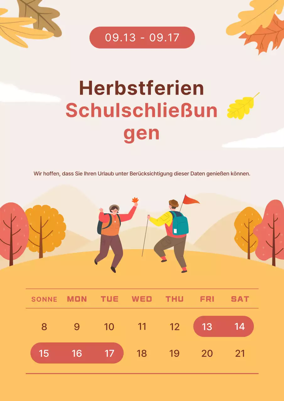 Ankündigung der Schließung der Herbstferien in Orange und Burgunderrot