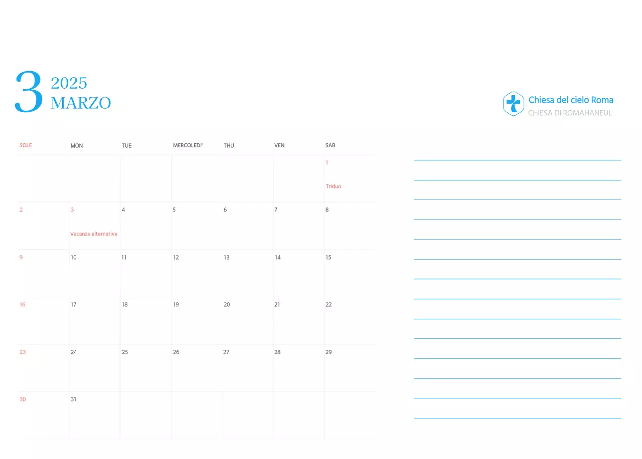 Calendario ecclesiastico blu di concezione moderna