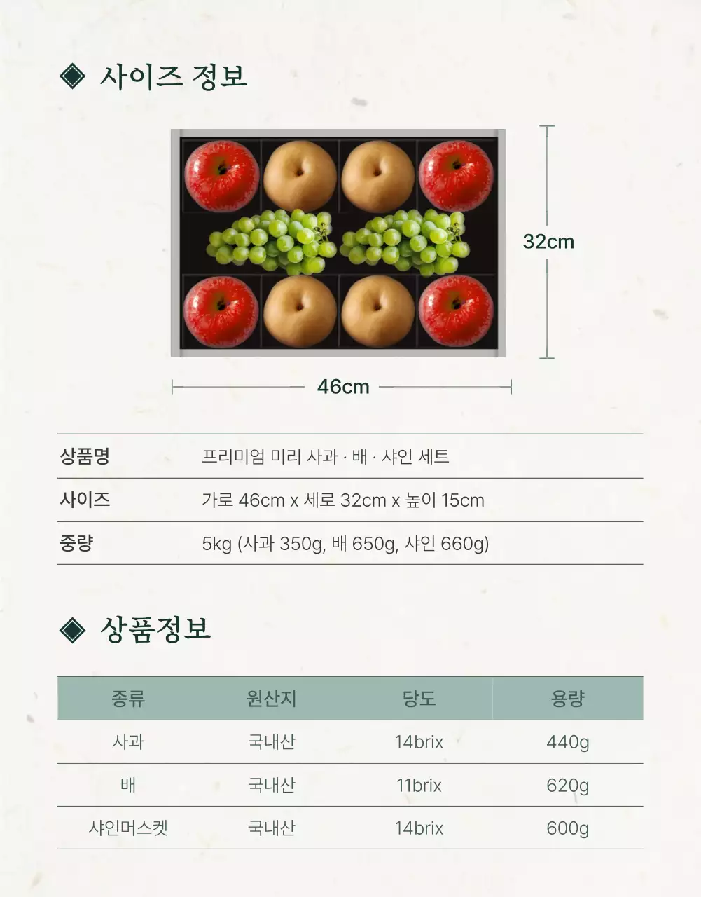 초록과 아이보리색의 전통적인 추석 과일 선물세트 안내 및 주의사항 홍보