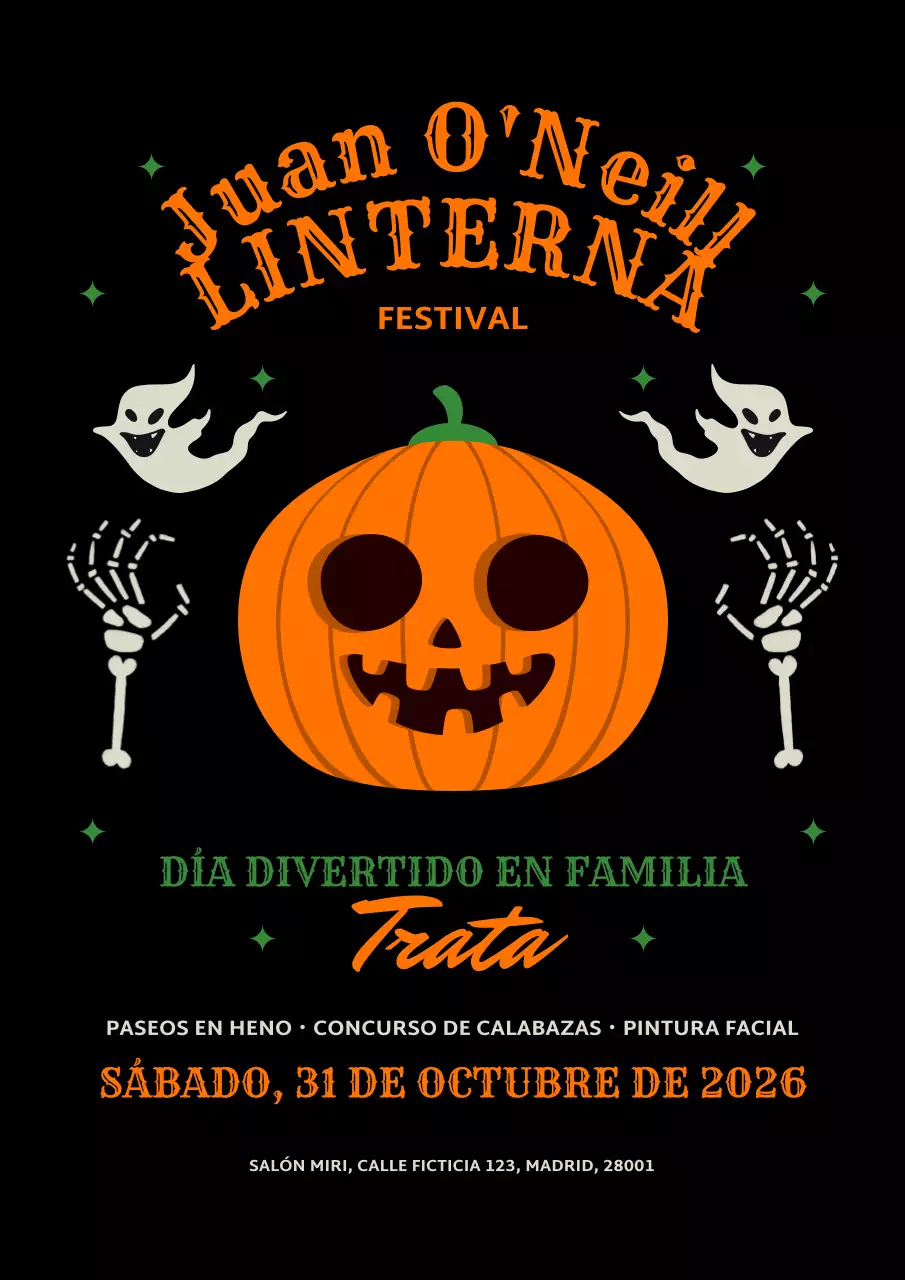 Anuncio en negro y naranja para un simpático evento de tallado de calabazas de Halloween