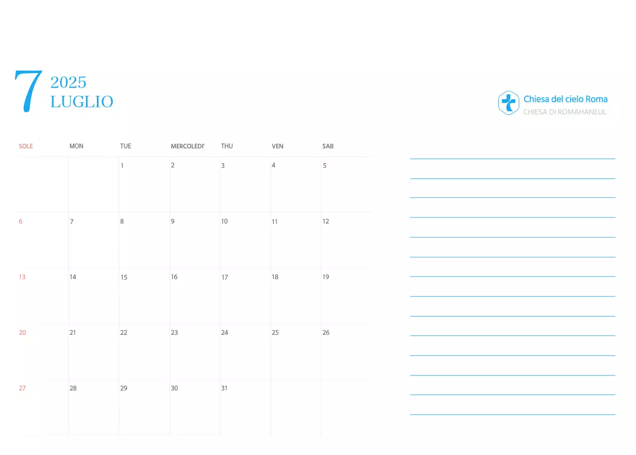 Calendario ecclesiastico blu di concezione moderna