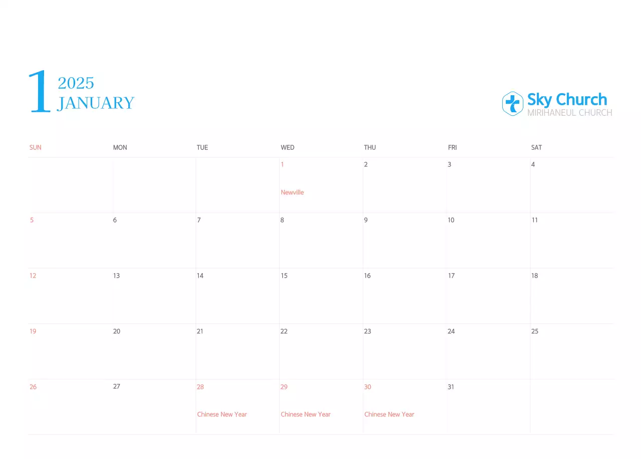 Blue modern concept church calendar