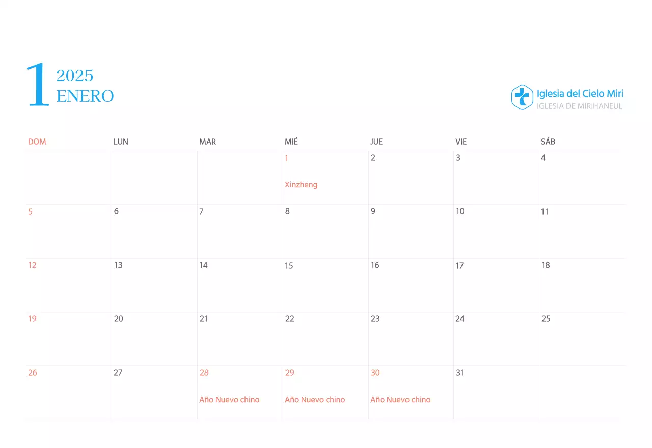 Calendario eclesiástico azul de concepto moderno