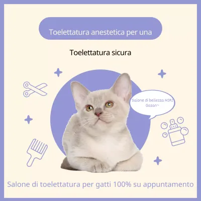 Pubblicità del salone di toelettatura per gatti semplice e senza anestesia nei colori malva e avorio