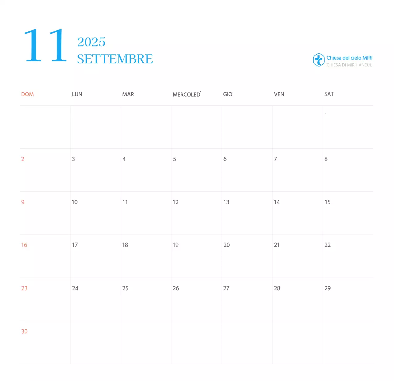 Calendario ecclesiastico blu di concezione moderna