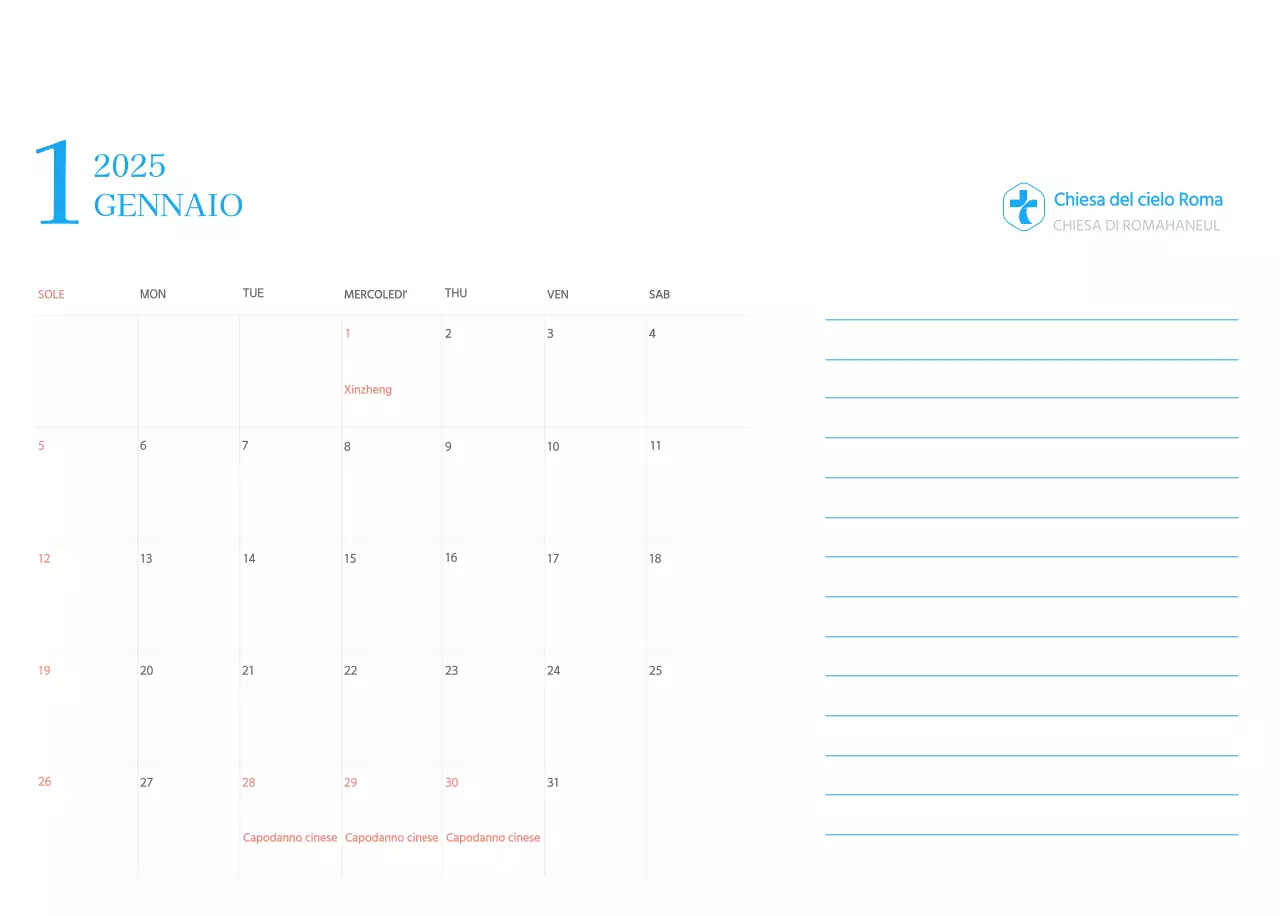 Calendario ecclesiastico blu di concezione moderna