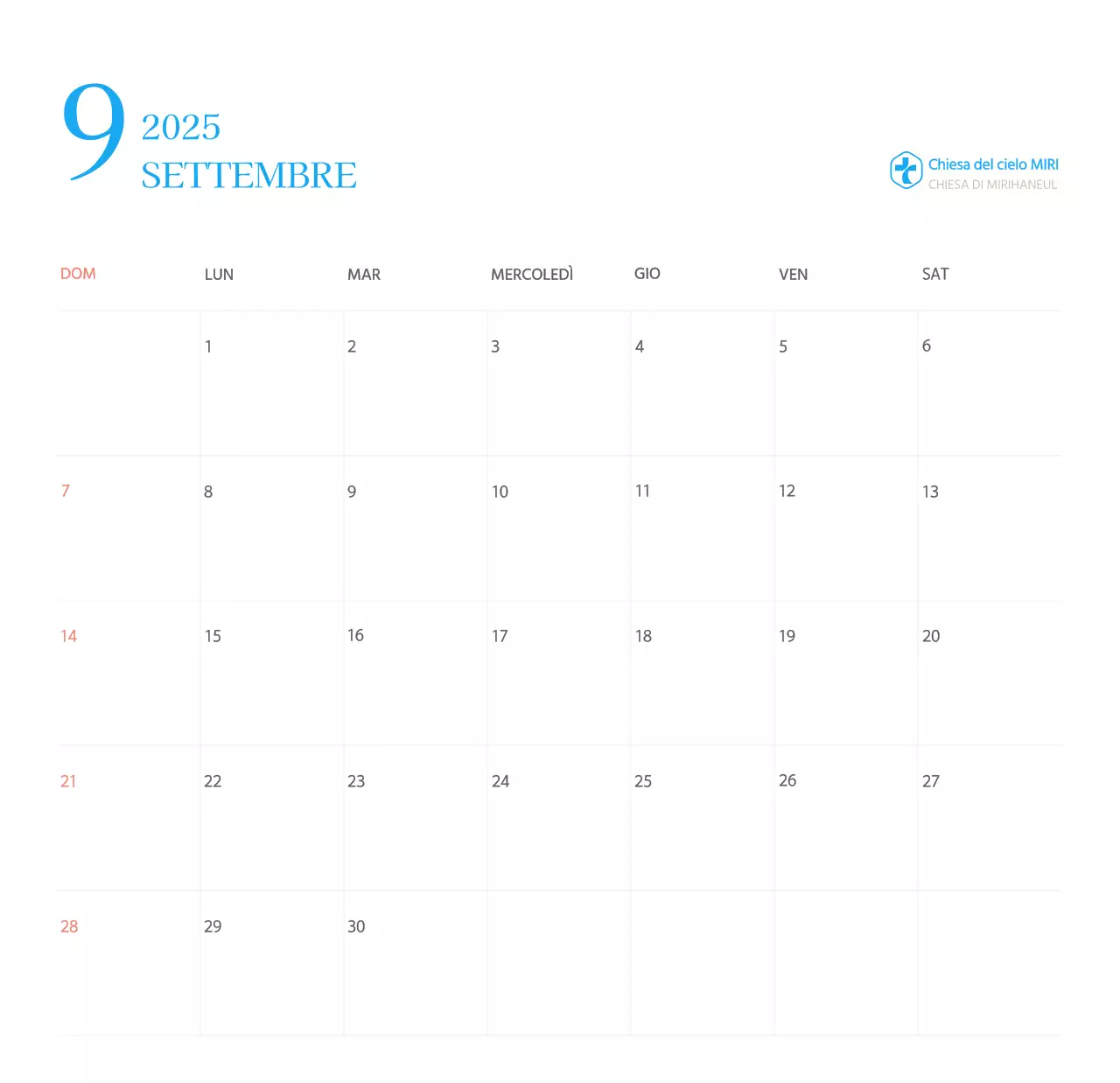 Calendario ecclesiastico blu di concezione moderna
