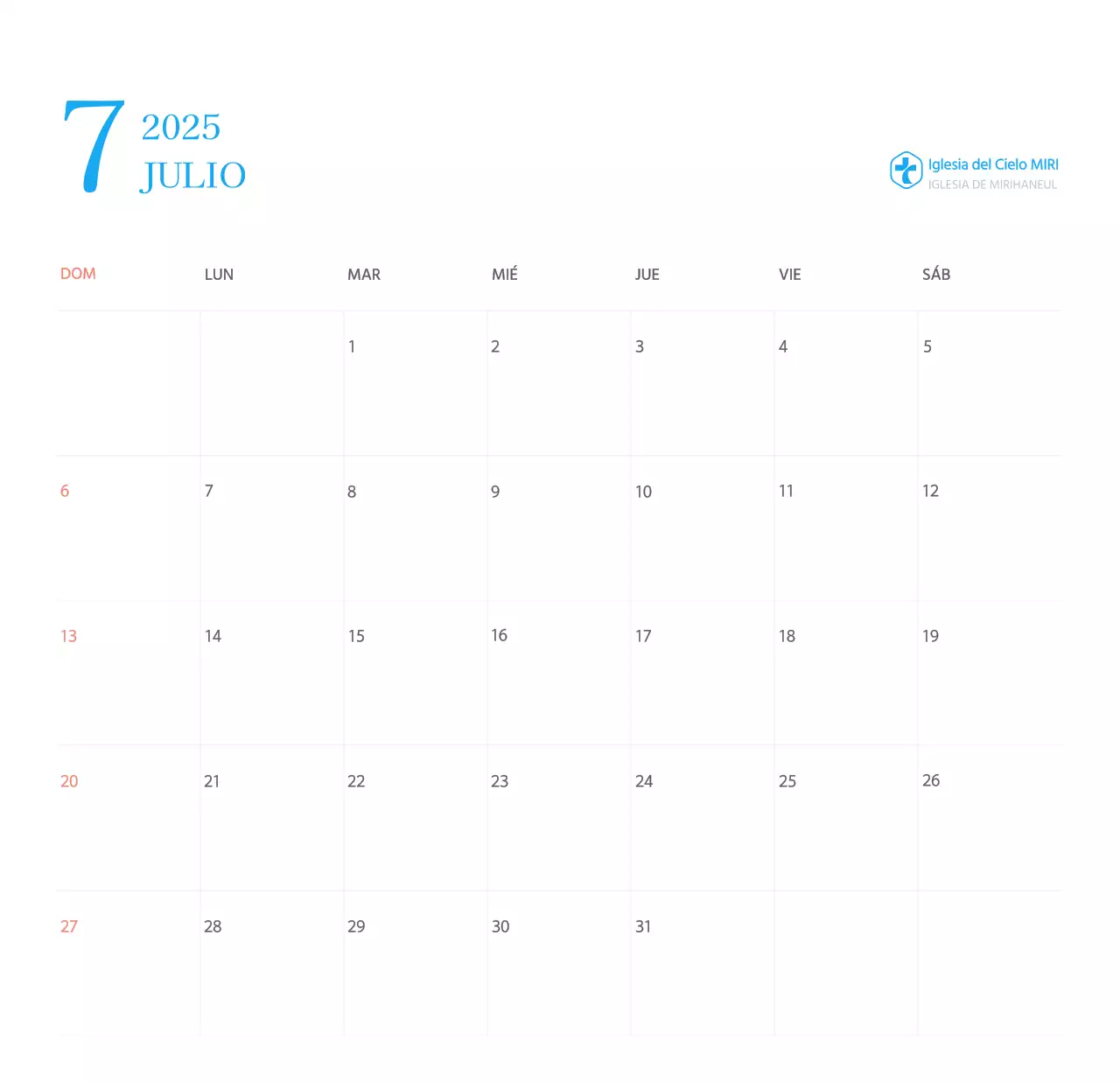 Calendario eclesiástico azul de concepto moderno
