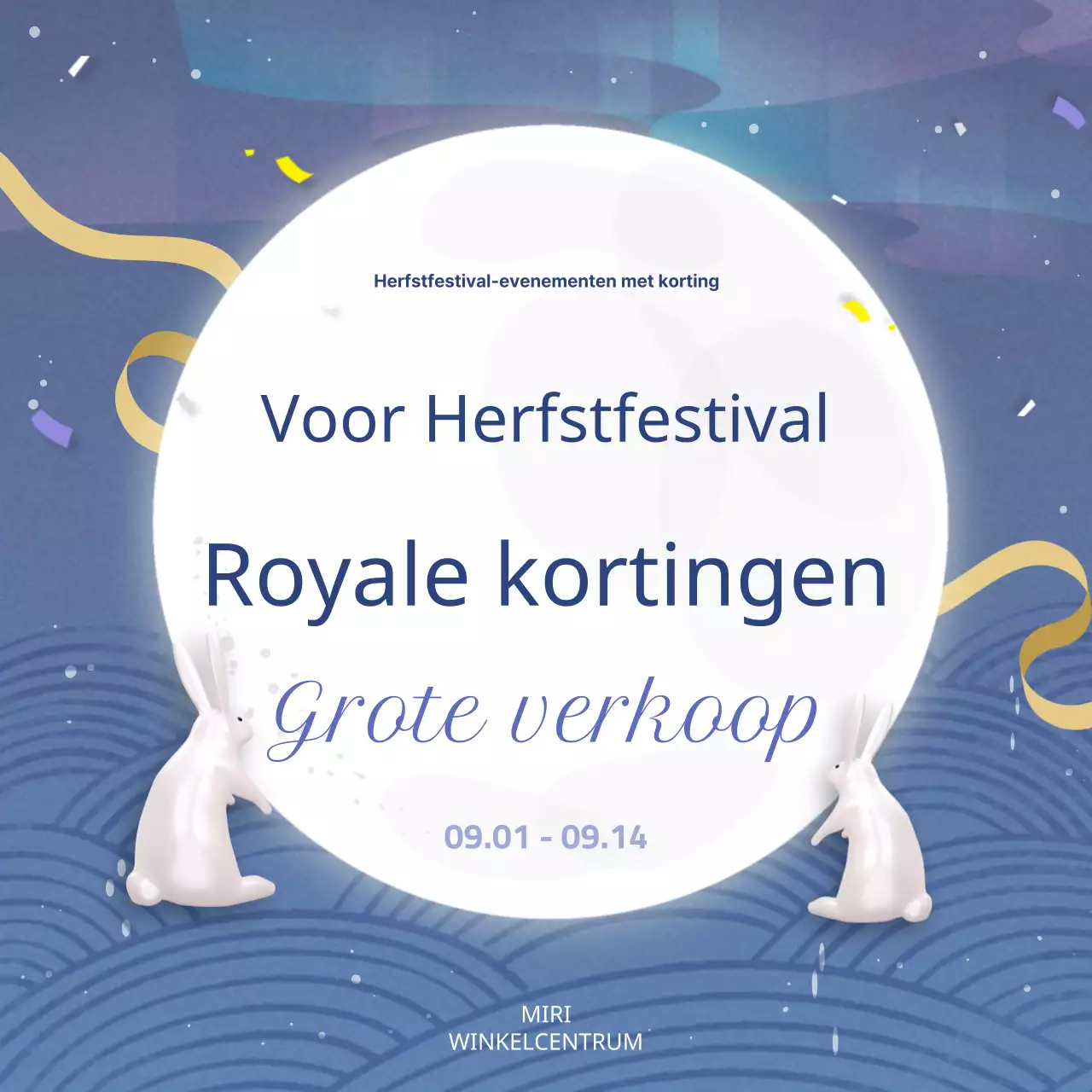 Een oosterse, blauw-gele Mid-Autumn Festival verkoopadvertentie