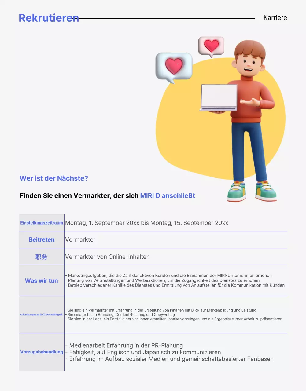 Ein sauberes blaues und gelbes Anschreiben zur Stellenausschreibung eines Unternehmens