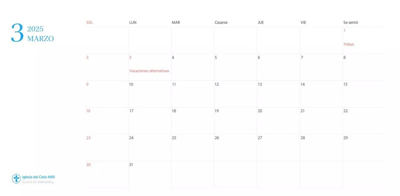 Calendario eclesiástico azul de concepto moderno