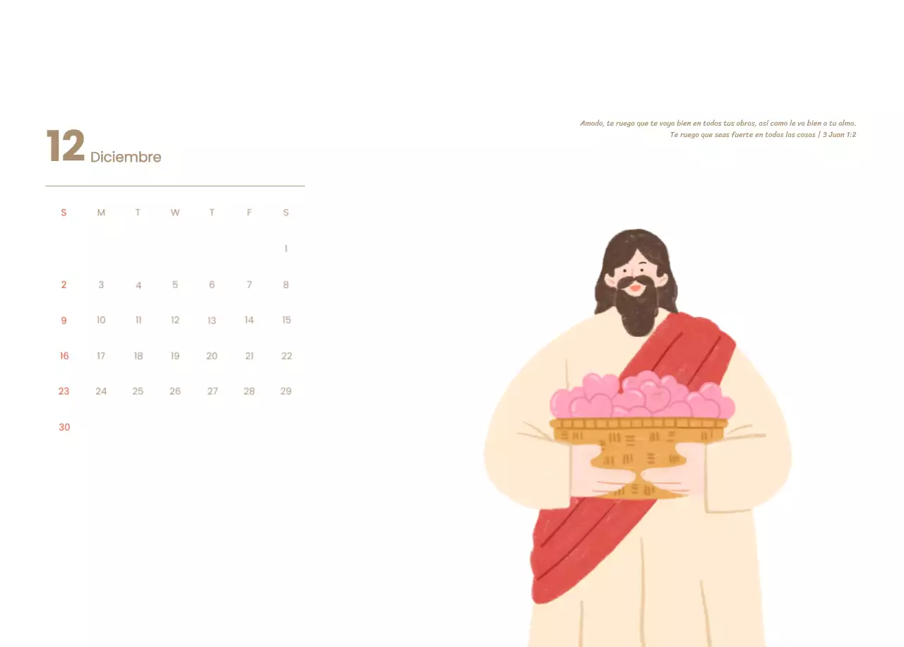 Un calendario devocional con acogedoras ilustraciones y versículos bíblicos sobre fondo azul claro