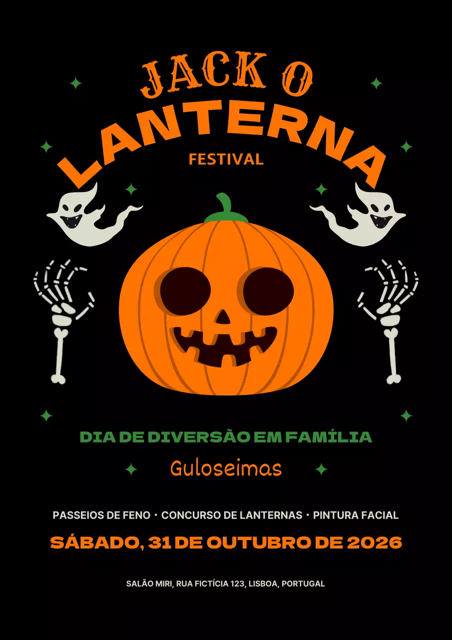 Anúncio a preto e laranja para um evento de escultura de abóboras no Dia das Bruxas